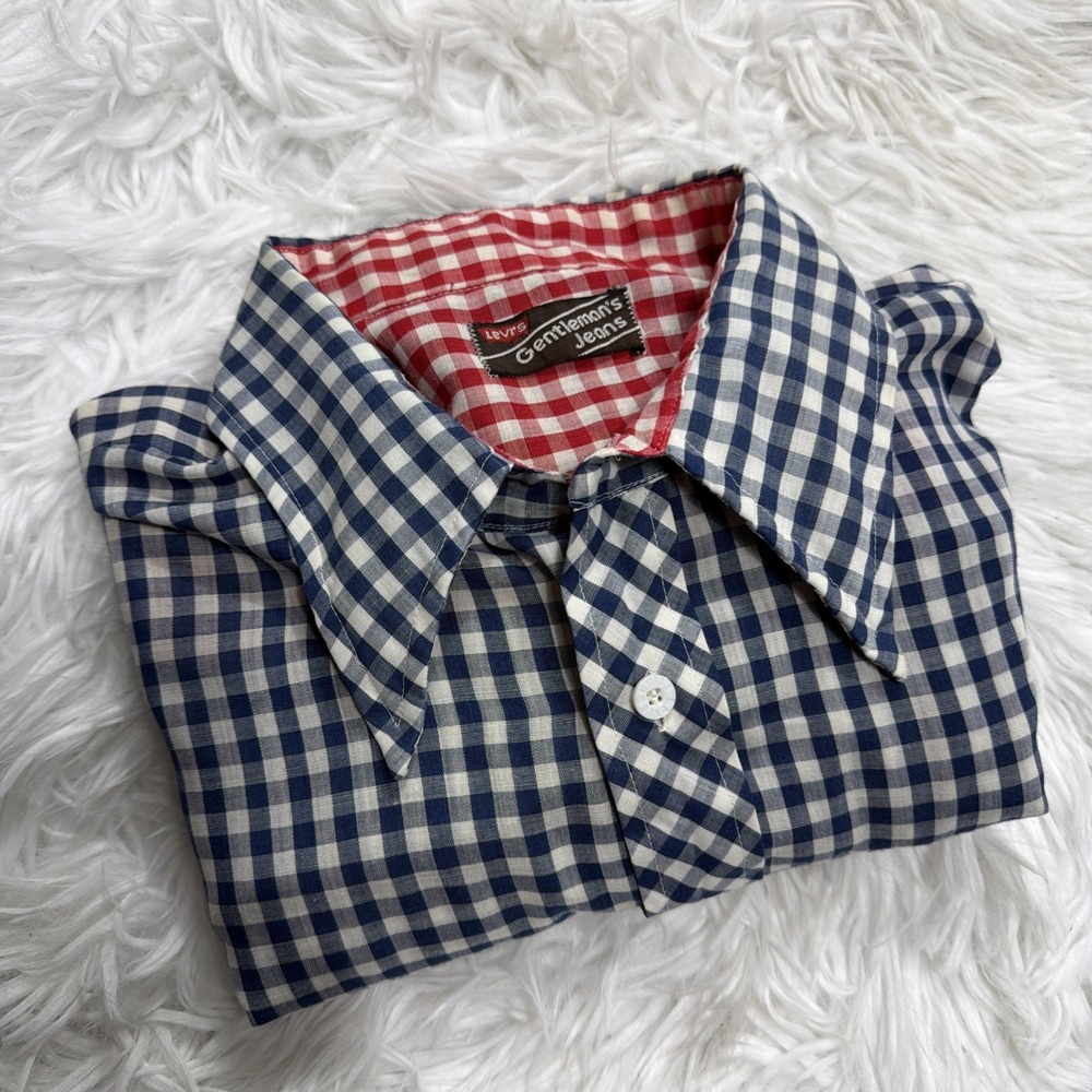 Vintage 70s Levis Gingham Plaid Shirt Mens 2XL XXL  Button Up Brown Tab Gingham